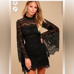Lulus Black Bewitching Babe Bell sleeve lace dress